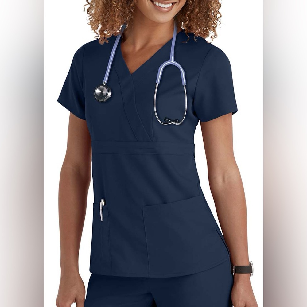Grey's Anatomy Women's Navy Scrub Top, Size Medium, 3 pocket mock wrap top